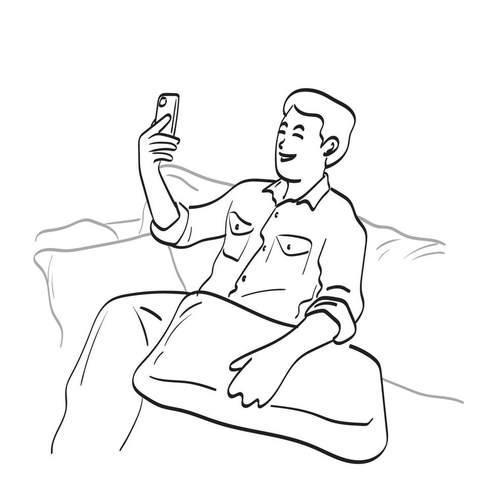 Hombre de arte de línea en ropa casual haciendo selfie en teléfono celular móvil en el sofá ilustración vectorial aislado sobre fondo blanco. vector