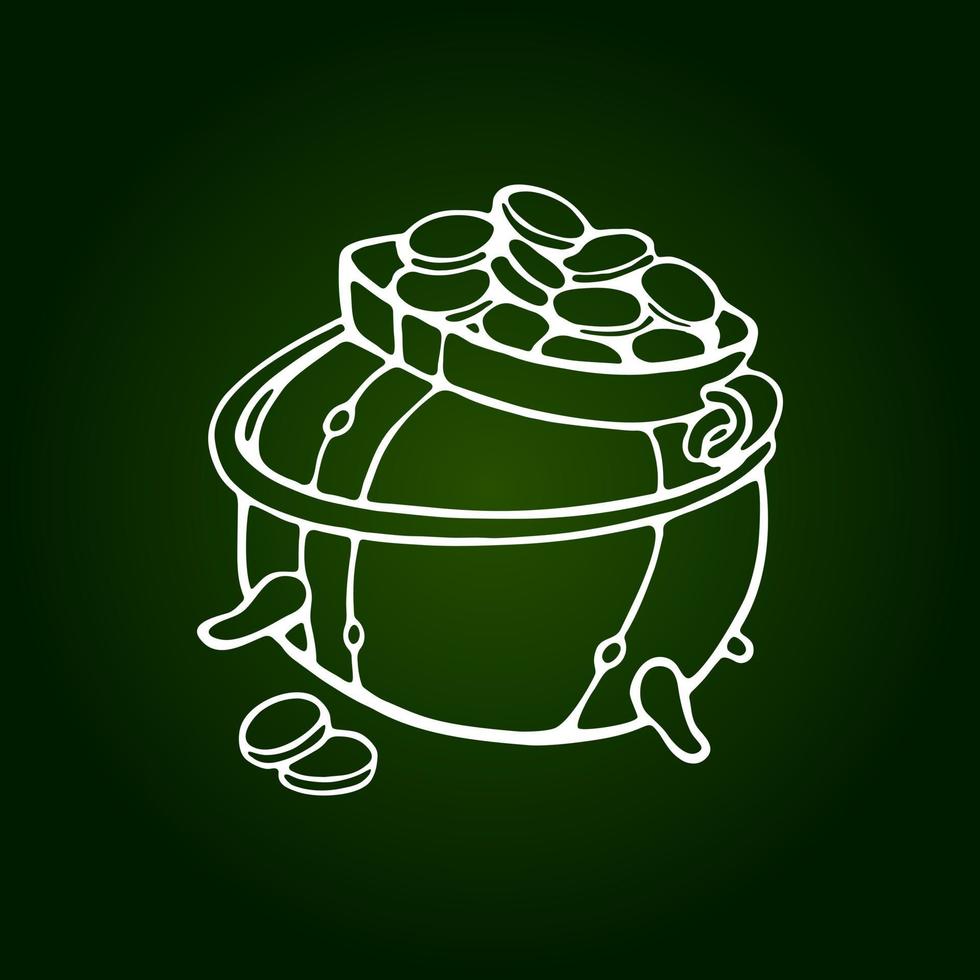 Pot of Gold Vector Illustration on green background. White Outline Doodle style. Happy Saint Patrick's Day greeting card