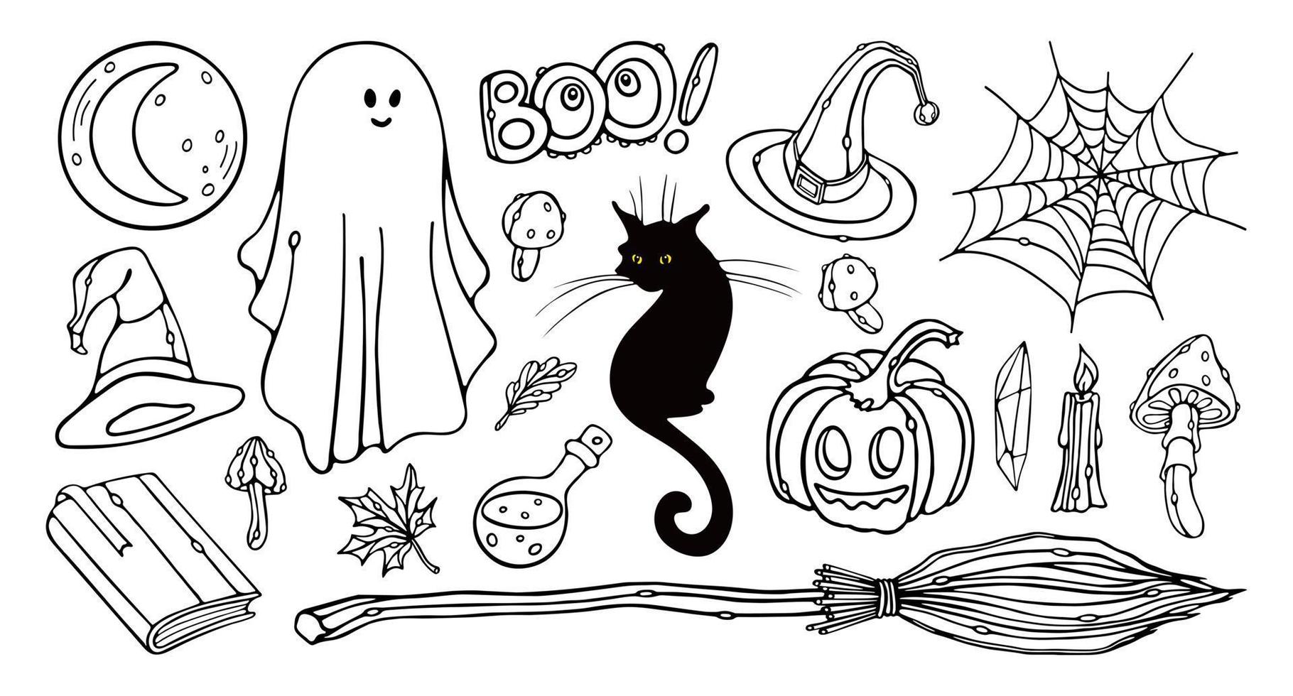 Halloween outline doodle set vector illustration. Ghost, Black cat, Pumpkin, witch's broom, spider web, witch hat, book, autumn leaves, candle, fly agaric, witch's potion.