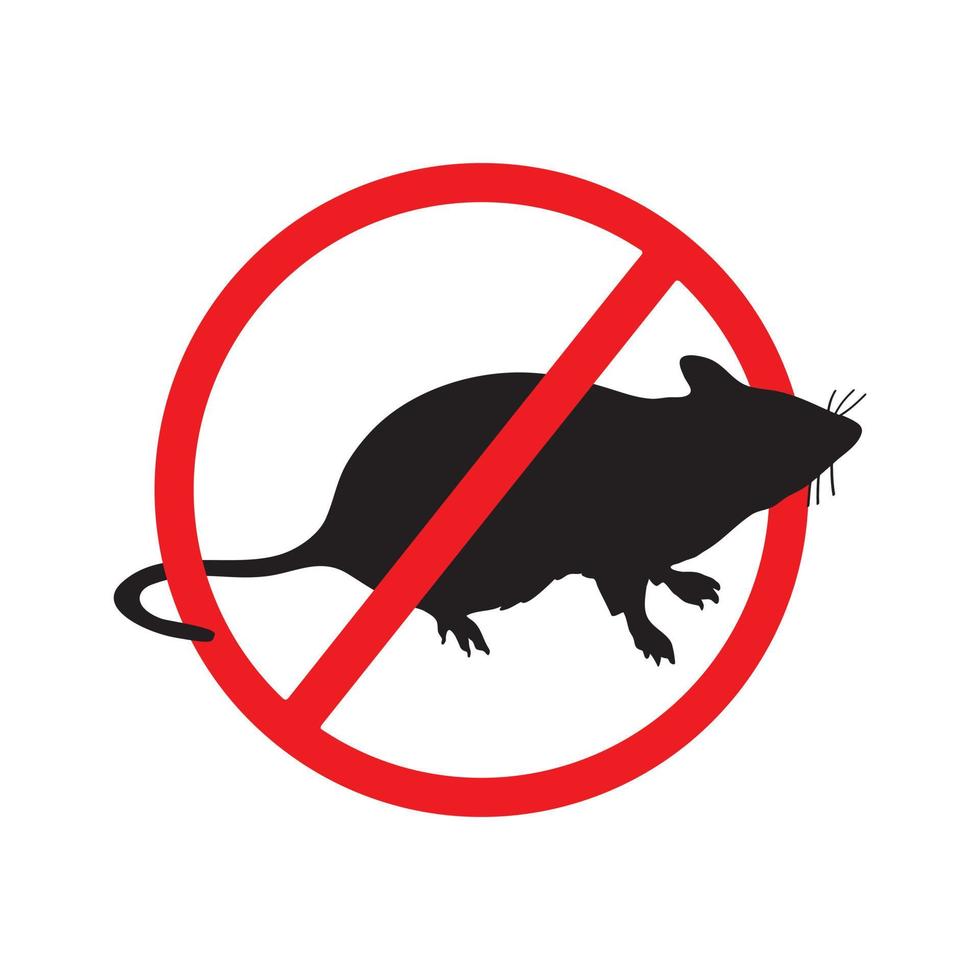 Ratón de rata, sin rata sin símbolo de silueta de ratón Señal de advertencia en un círculo rojo. vector de señal de insecticidas aislado sobre fondo blanco para el diseño visual de folletos, pancartas, desinfección de empresas