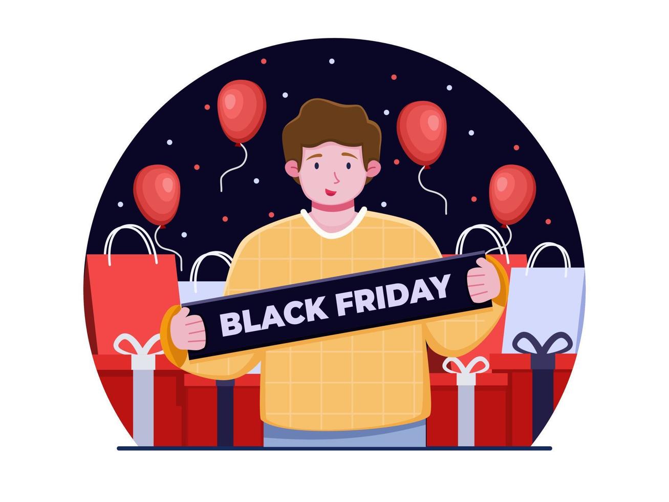 People promoting Black Friday promotion event vector cartoon flat illustration. Can be used for promotion, banner, poster, web, social media, animation.