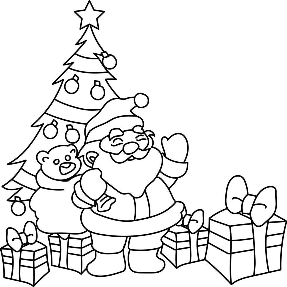santa clause with presents and christmas tree coloring page vector