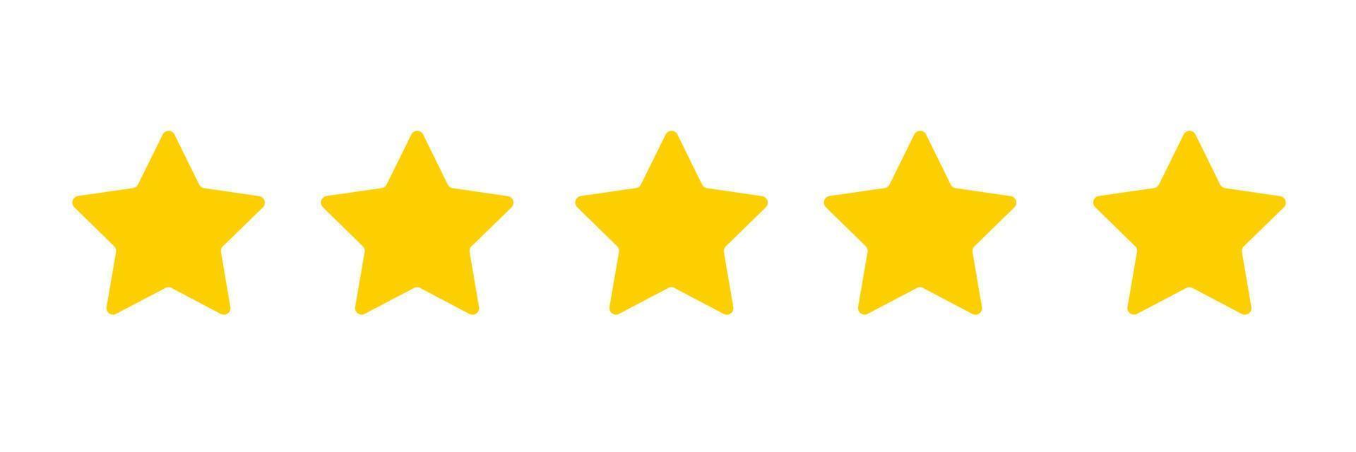 Five star customer product ratings review flat icons for apps and websites. Illustration of five golden yellow stars in a row. Isolated in a white background. Concepts for ratings, customers, review. vector