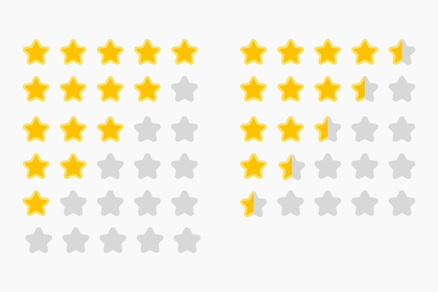 Set star ratings review flat icons for apps and websites. Illustration of five golden yellow stars in a row. Isolated in a white background. Concepts for ratings, opinion, vector