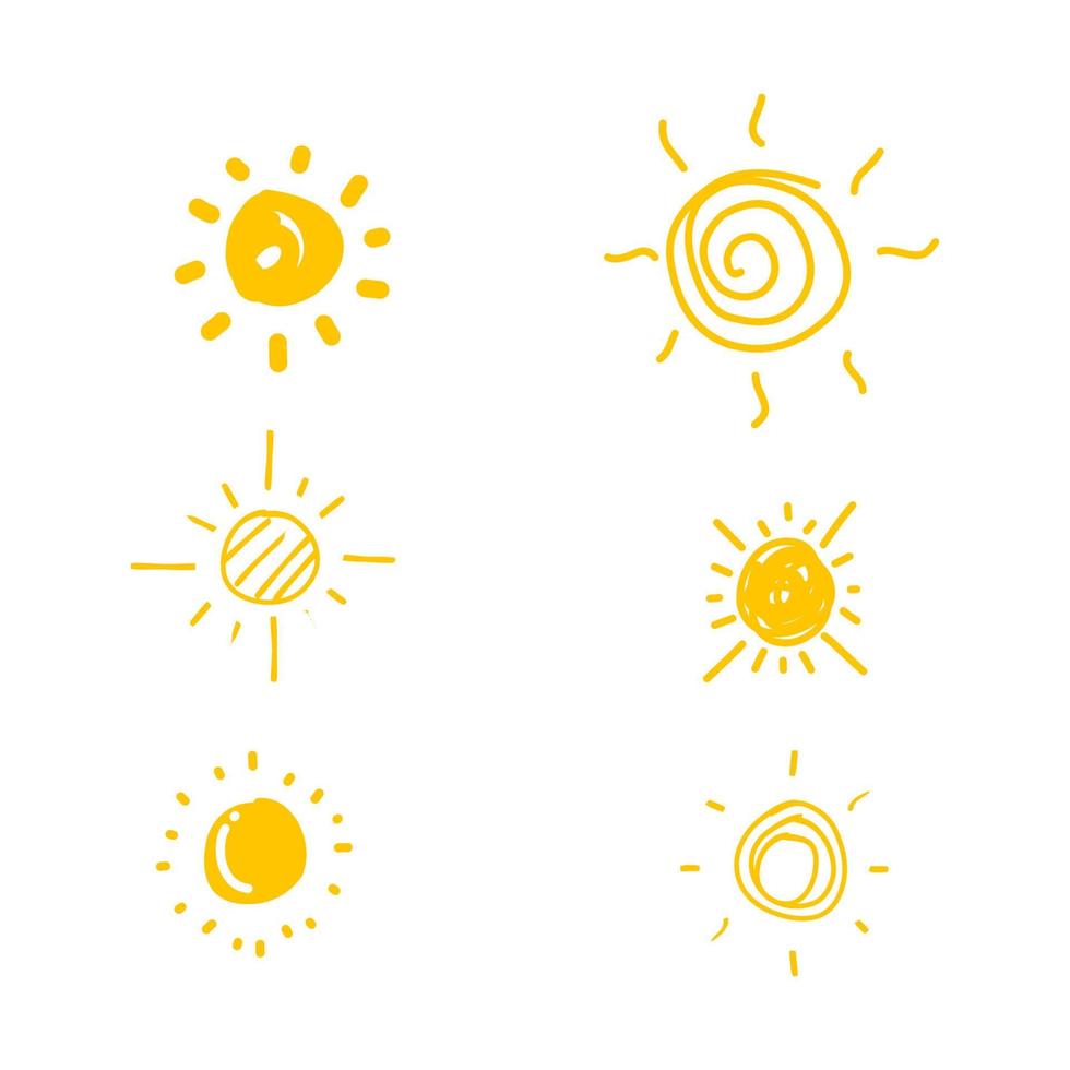 conjunto de soles de doodle amarillos. conjunto dibujado a mano. icono de sol plano. pictograma de sol. símbolo de verano vectorial de moda para el diseño de sitios web, botones web, aplicaciones móviles. vector doodle soles. dibujado a mano infantil sol simple