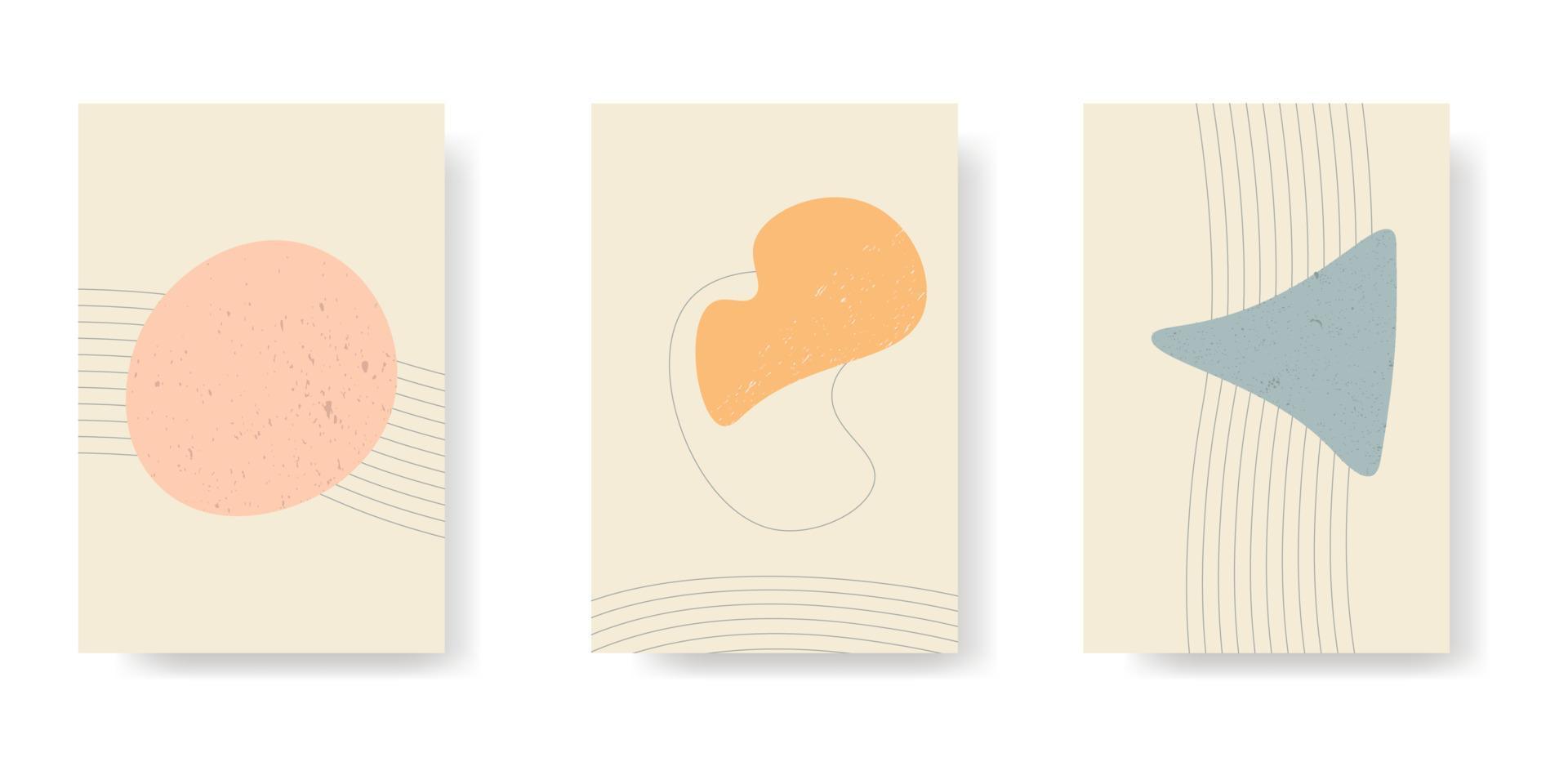 Set of three abstract backgrounds. Hand drawn various shapes and doodle objects. Contemporary modern trendy vector illustrations. Every background is isolated. Pastel colors
