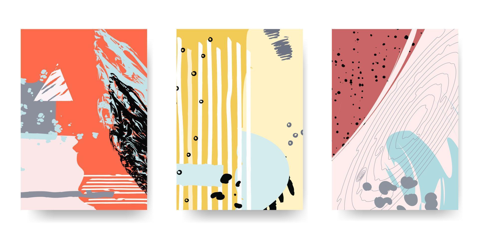 Set 3 Abstract Backgrounds. Hand drawn style doodle various shape, lines, spots, drops. Contemporary modern trendy Vector illustrations. Every background is isolated. Pastel colors