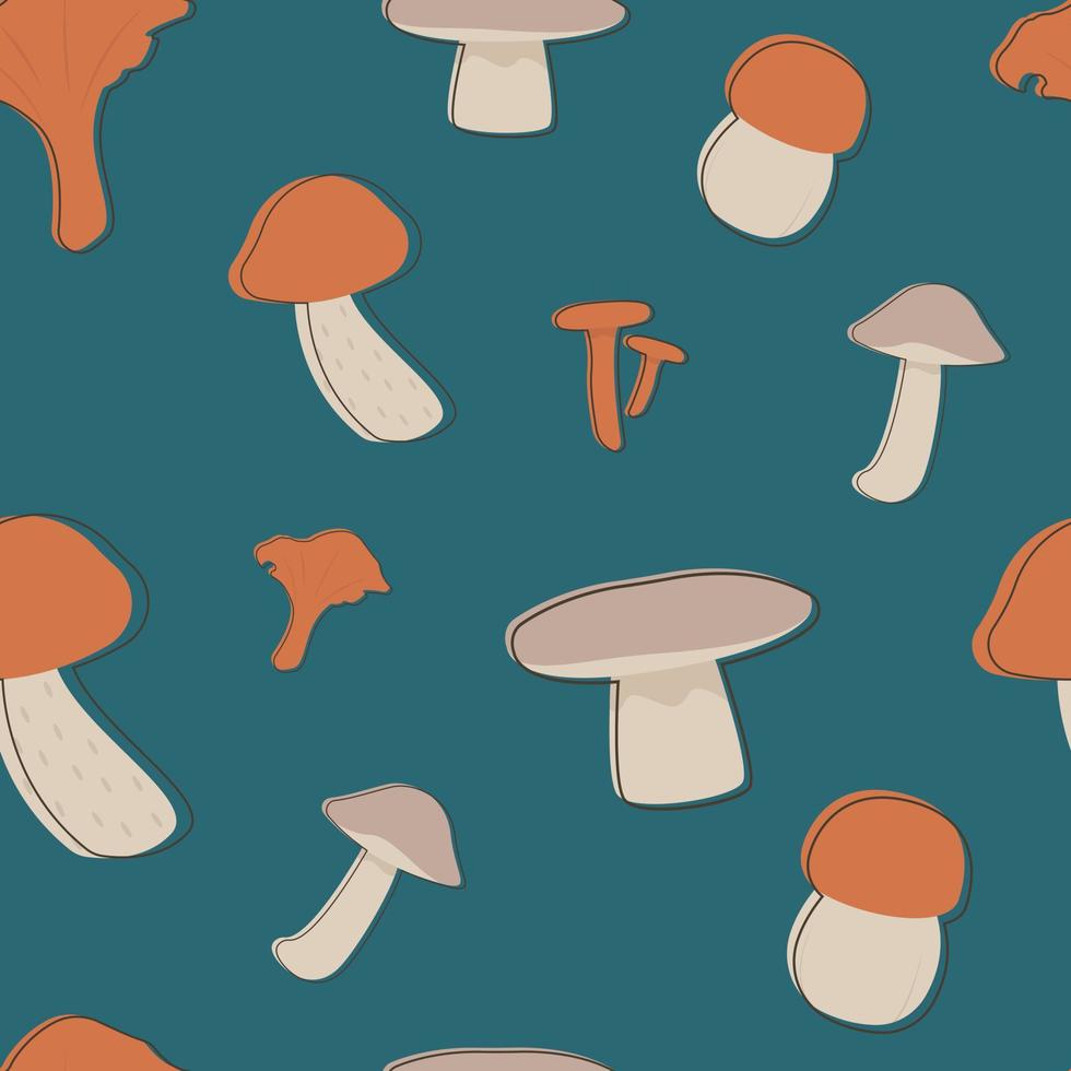 Seamless pattern with different orange and beidge mushrooms on a blue background vector