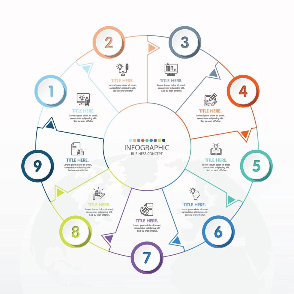 Plantilla de infografía de círculo básico con 9 pasos. vector