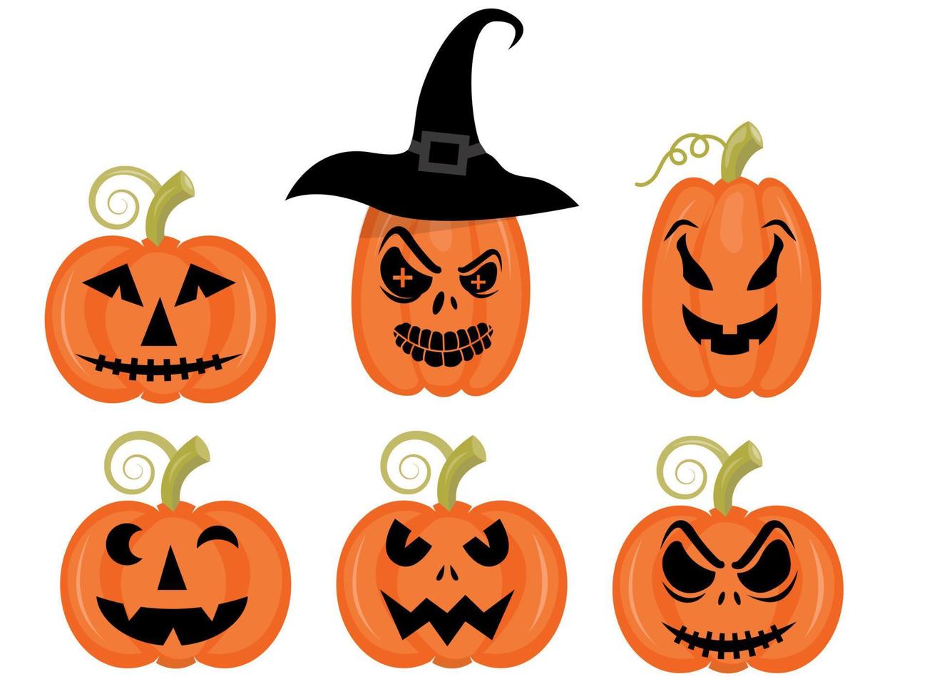 Orange pumpkin with smile and witch hat for your design for the holiday Halloween on white background. Vector illustration
