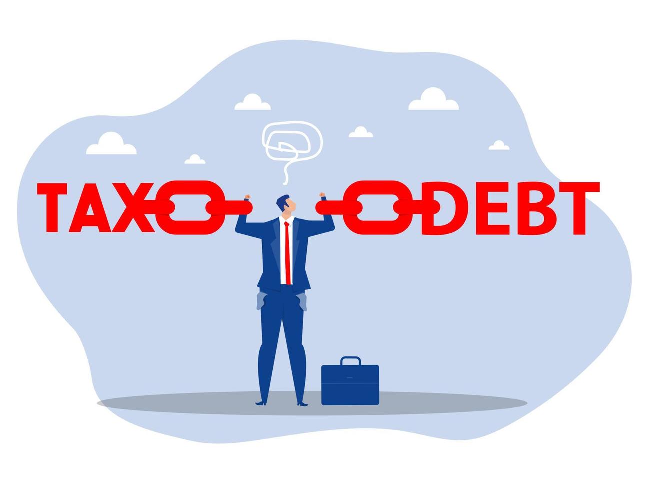 Businessman cartoon character standing feeling not free in fetter between tax and debt vector illustration