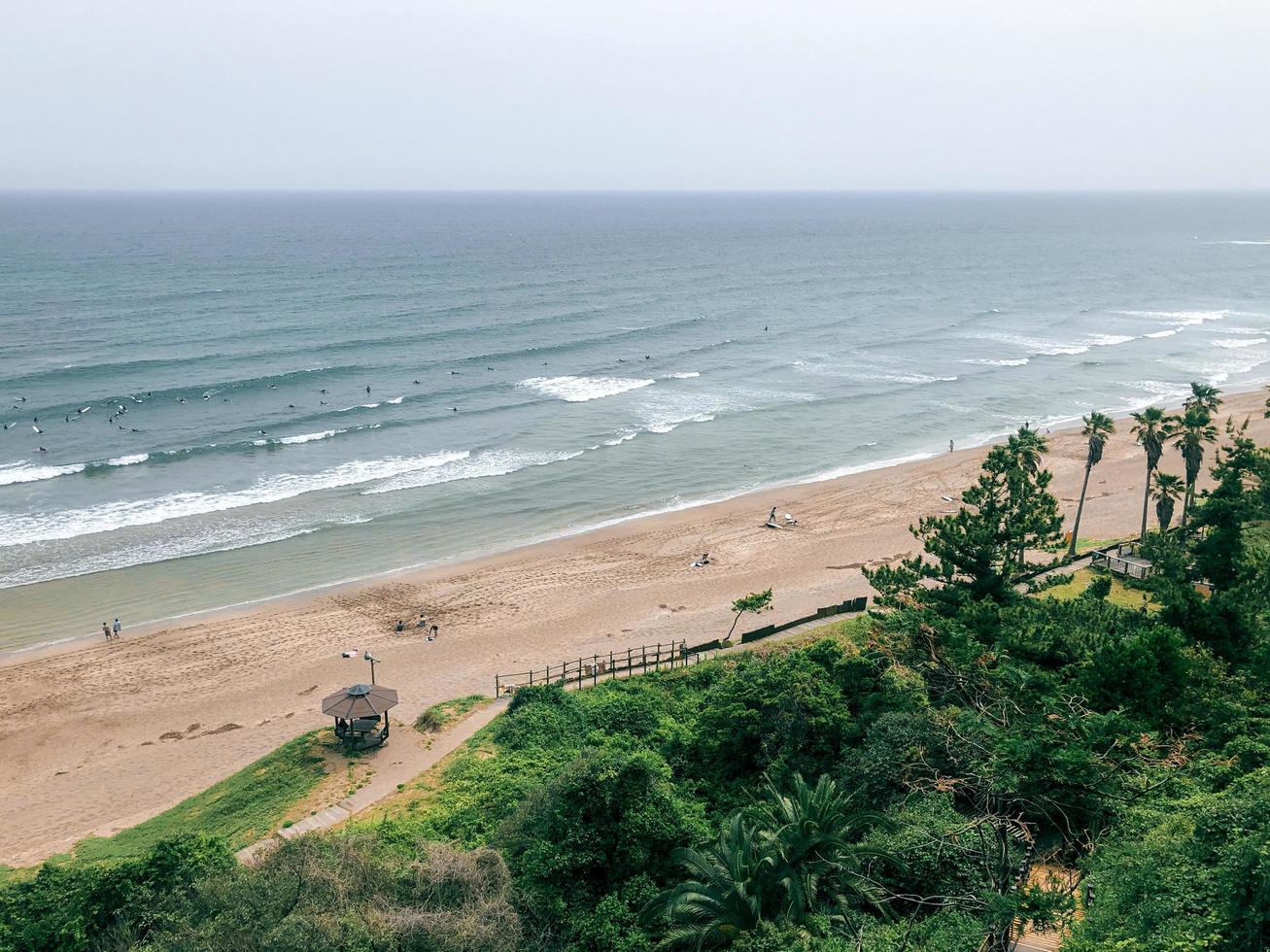 Spring day on the beach of Jeju Island, South Korea. View from air photo