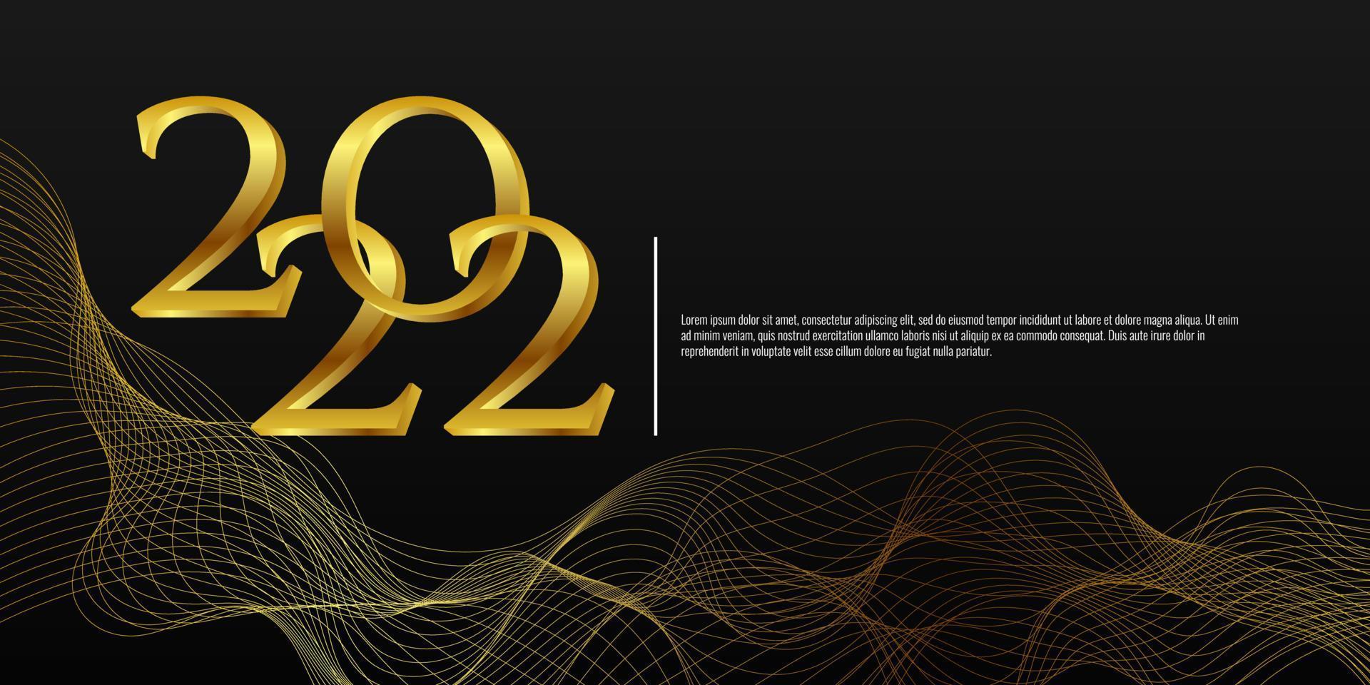 Happy new year 2022. Dark background design in golden wavy lines vector