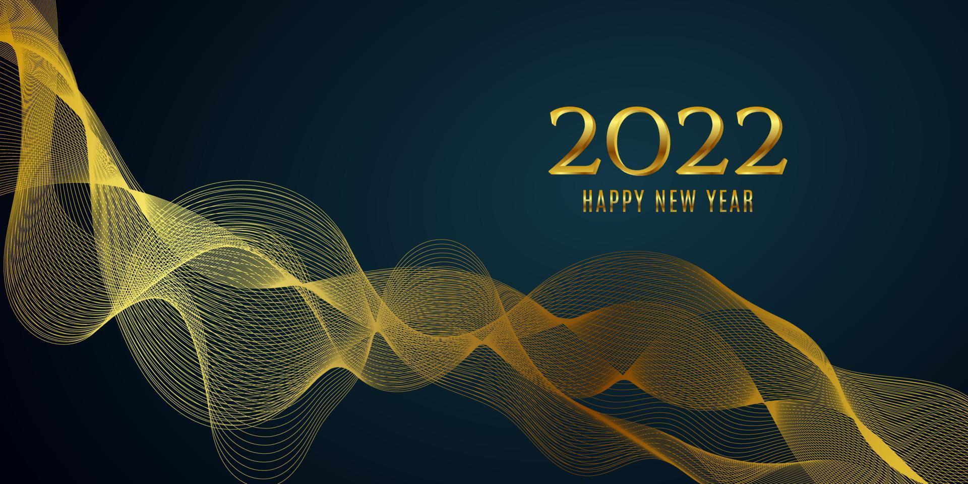 Happy new year 2022. Dark background design in golden wavy lines vector