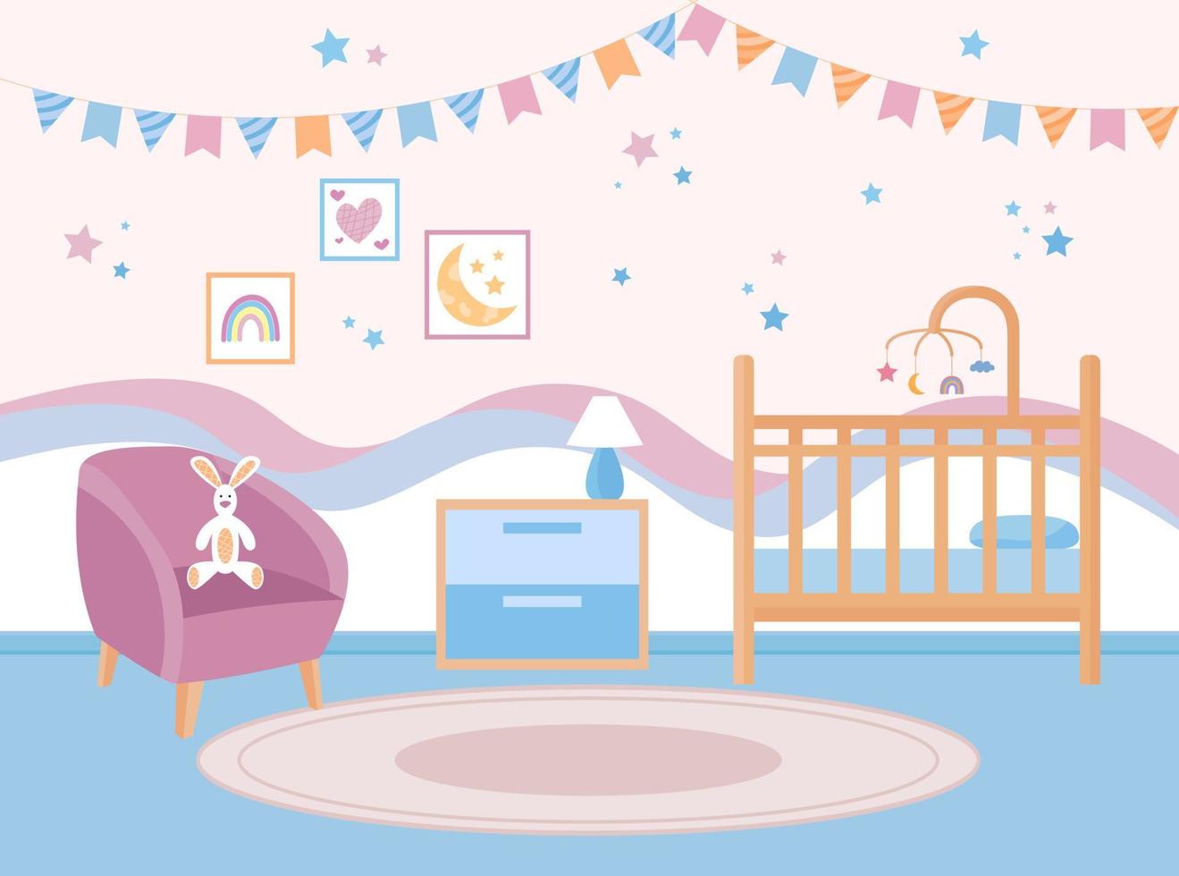 Baby bedroom interior. Nursery room.  Empty baby crib with carousel for child. Decorations on wall and rabbit toy. Vector flat illustration