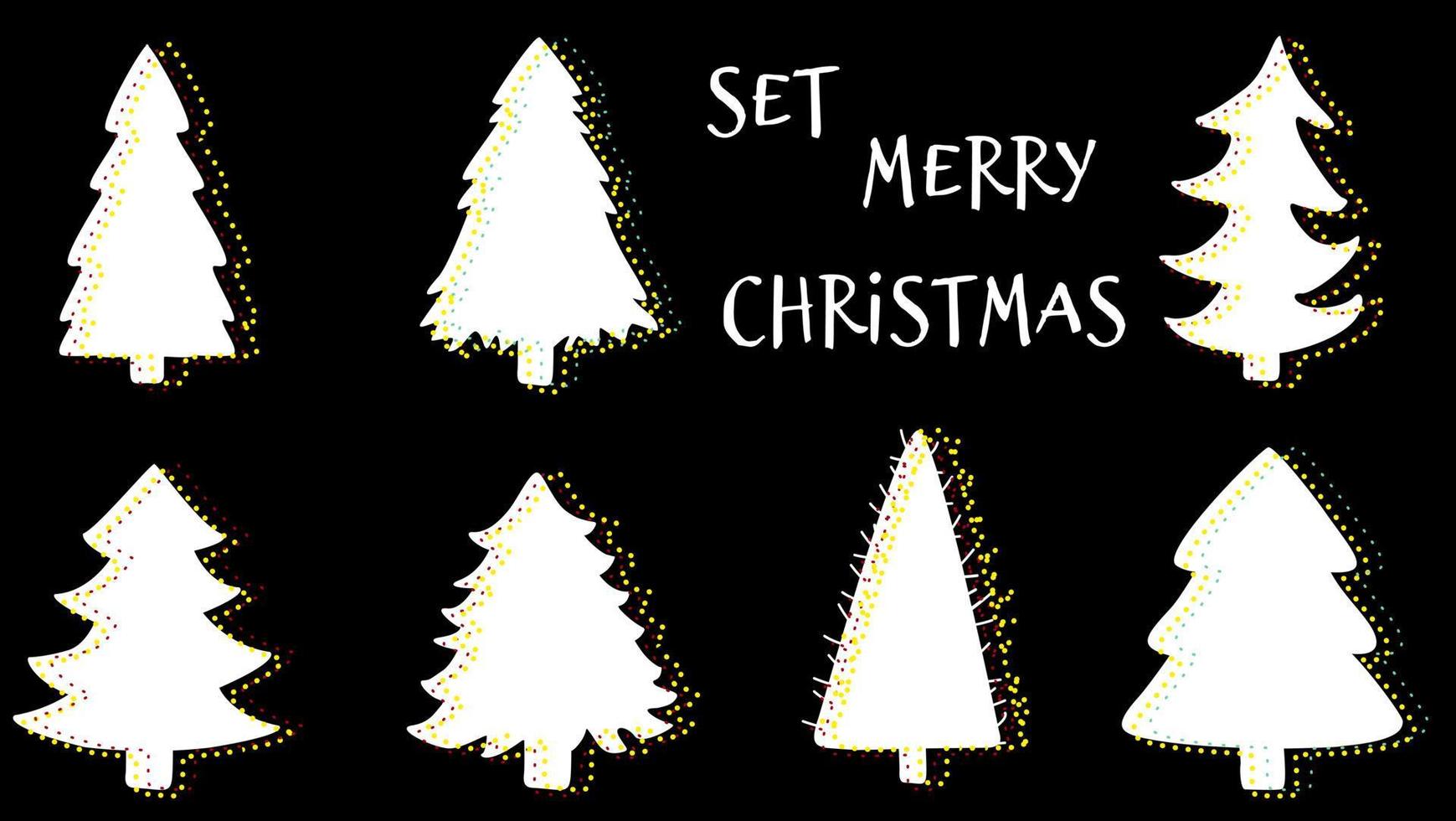 símbolo de la silueta del árbol de navidad de año nuevo. conjunto de objetos sobre fondo negro, vector aislado.