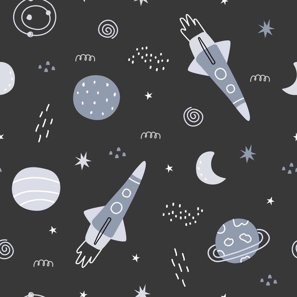 Space background illustration with stars and rockets seamless vector pattern hand-drawn in cartoon style Used for printing, decorative wallpaper, fabrics, textiles.