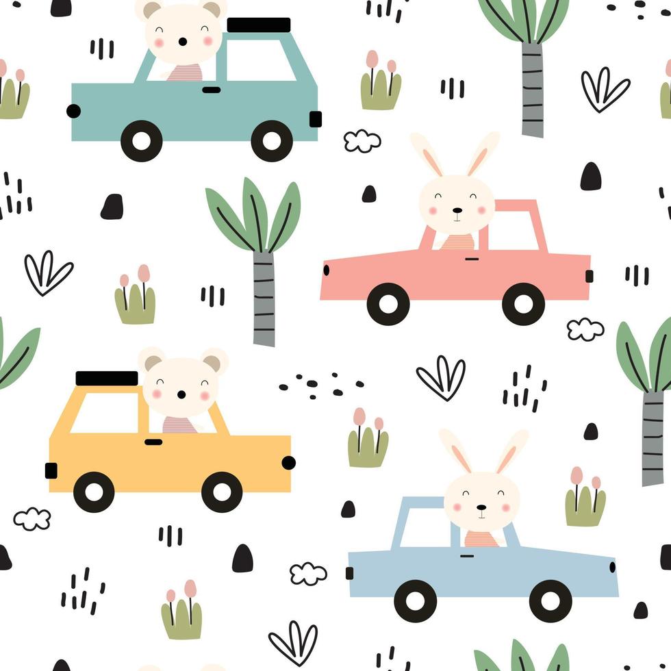 Cartoon transportation background for children Seamless Pattern Vector With Cars With tree cartoon style hand drawn design Used for prints, wallpaper, garments, textiles vector illustration