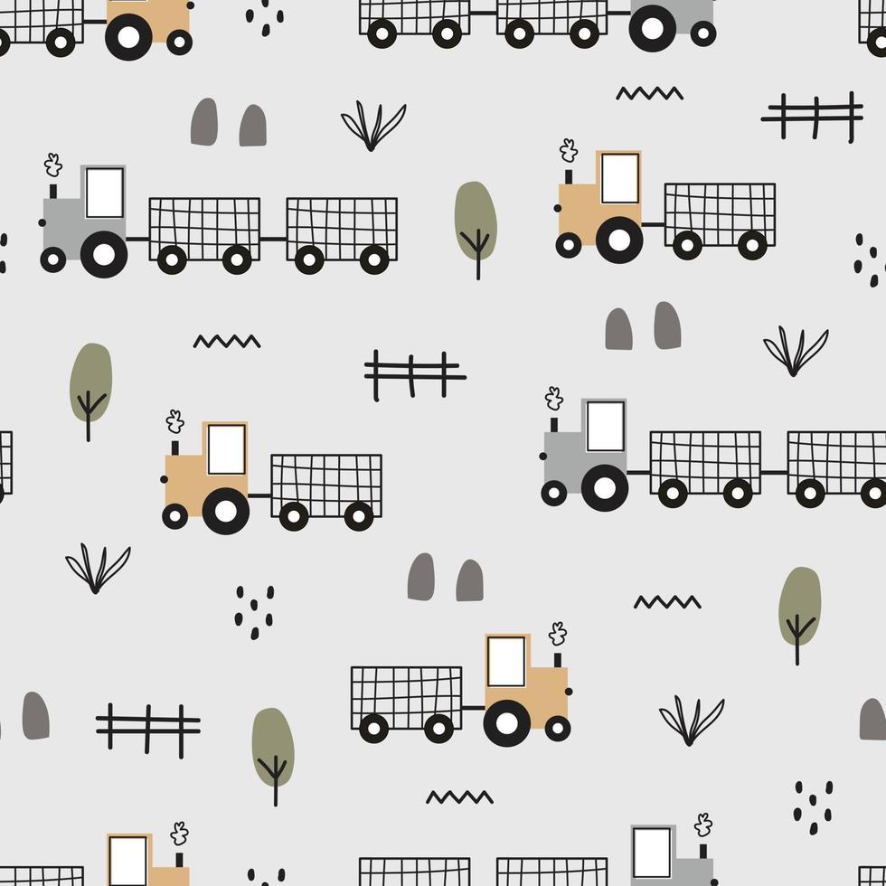 tractor dibujado a mano para niños patrón de coche transparente sobre fondo blanco lindo diseño en estilo de dibujos animados. utilizar para imprimir papel tapiz, tela, textil, moda, ilustración vectorial. vector