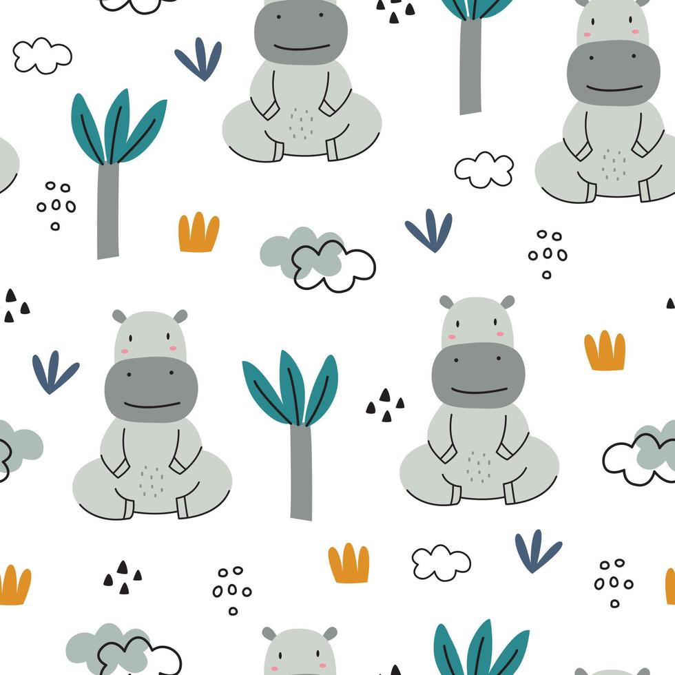 Fondo de dibujos animados de animales de patrones sin fisuras hay  hipopótamos y árboles dibujados a mano en estilo infantil. Úselo para  impresiones, fondos de pantalla, decoraciones, textiles, ilustraciones  vectoriales. 4257115 Vector