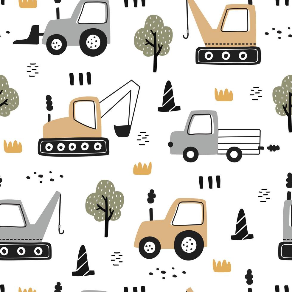 Hand-drawn construction vehicles seamless pattern vector have a tractor with the tree on white background Cute design, cartoon style, used for printing, wallpaper, fabric, fashion textile.