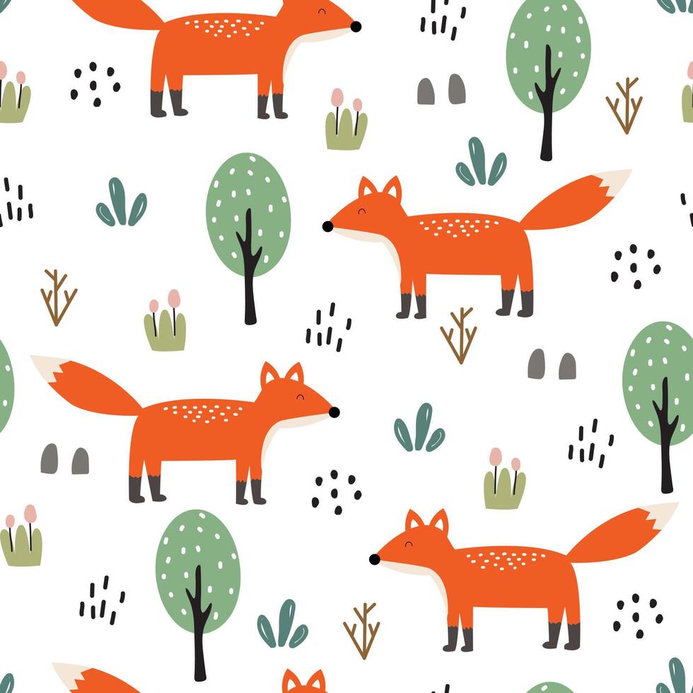 Seamless vector pattern cartoon fox with trees on white background Hand drawn design in children's style. for textile design, print, wallpaper, decoration