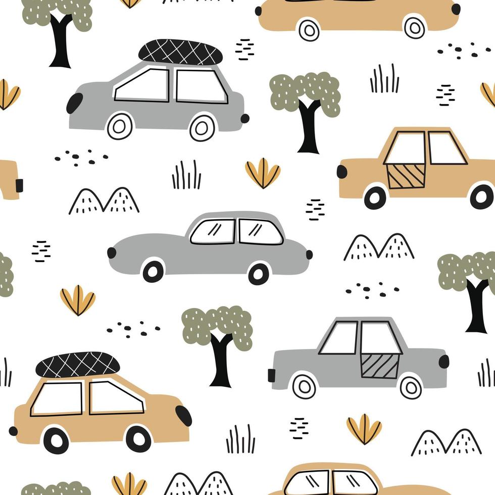 Cartoon transportation background for children vector seamless pattern with toy car with travel Children's style hand drawn design Used for print, wallpaper, cloth, textile.