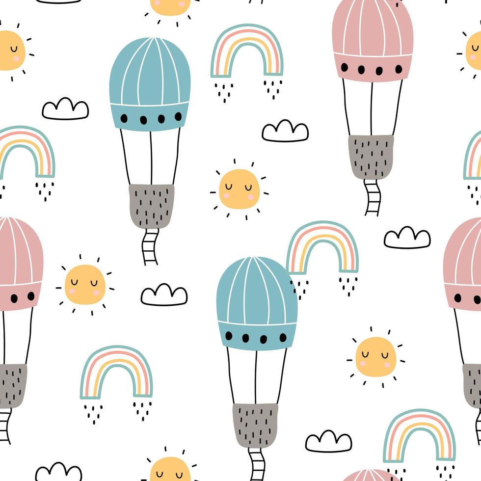 patrón de dibujos animados fondo de vector transparente globos flotan en el cielo con nubes y arco iris. diseño dibujado a mano en estilo infantil. uso para impresión, papel tapiz, decoración, textiles