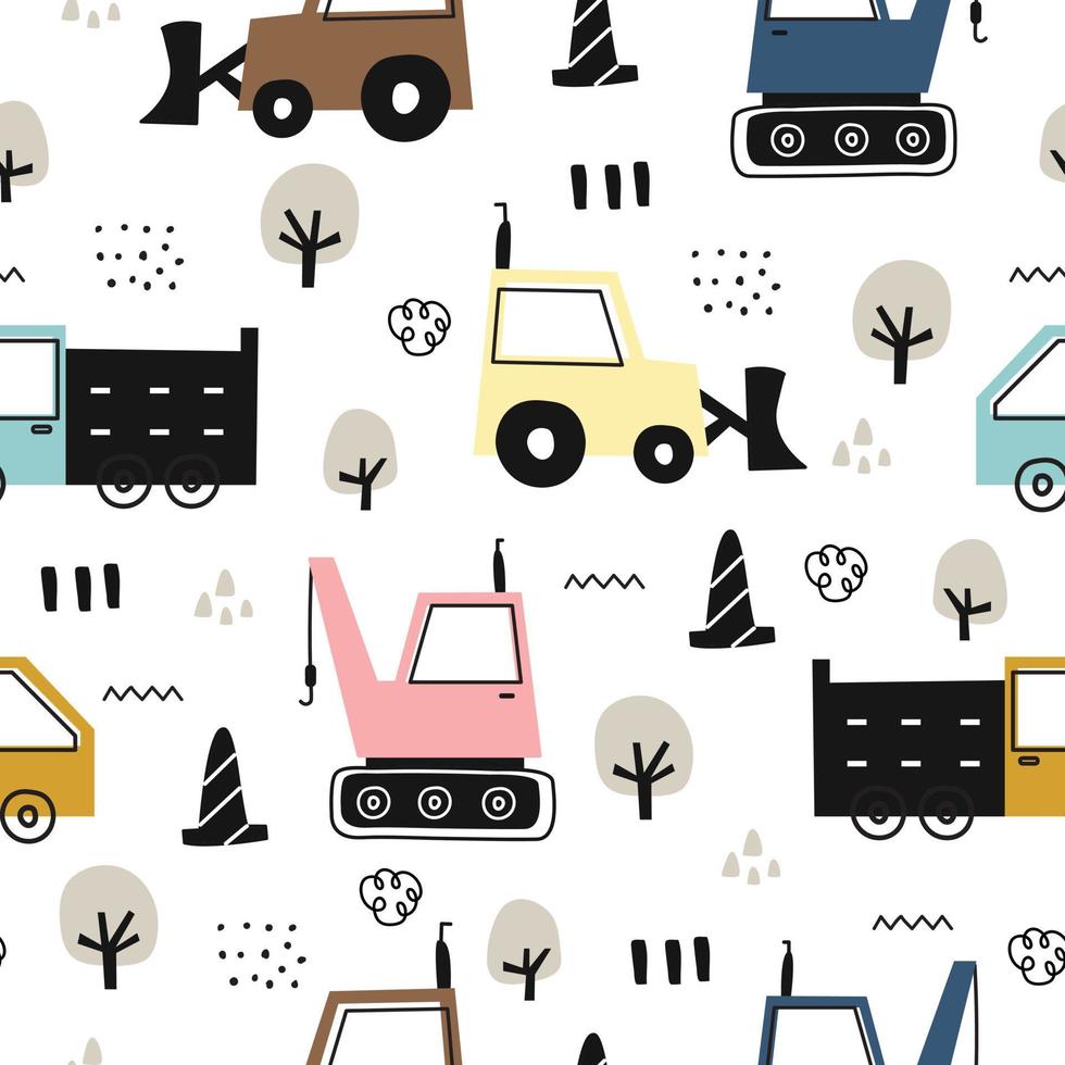 hand-drawn construction machinery seamless vector pattern with tractor on white background hand drawn design in cartoon style Used for printing, wallpaper, fabric, fashion, textile