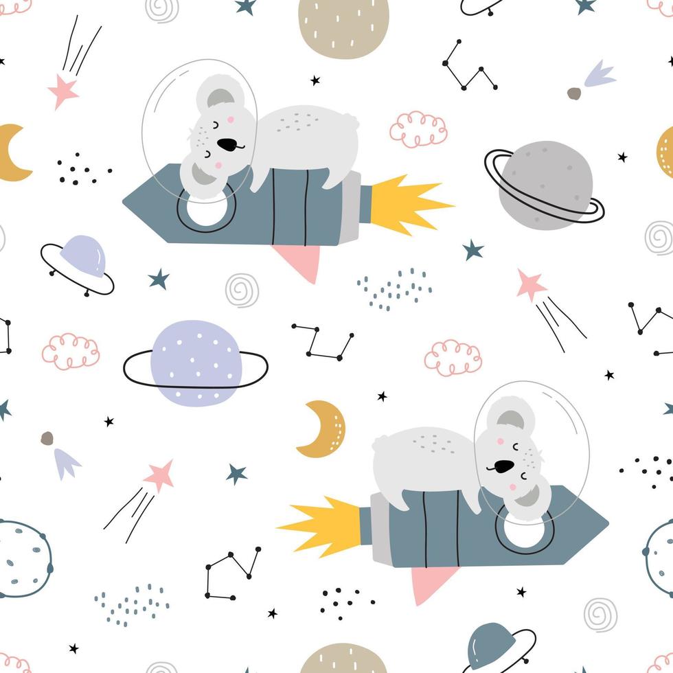 Ilustración de fondo espacial con estrellas y koala en cohete patrón de vector transparente dibujado a mano en estilo de dibujos animados utilizado para impresión, papel tapiz, decoración, tela, textil.