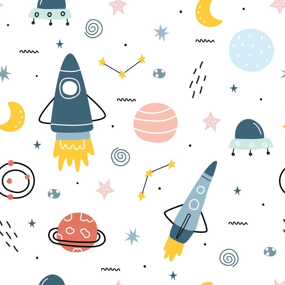 Ilustración de fondo espacial con estrellas y cohetes patrón de vector transparente dibujado a mano en estilo de dibujos animados utilizado para impresión, papel tapiz, decoración, tela, textil.