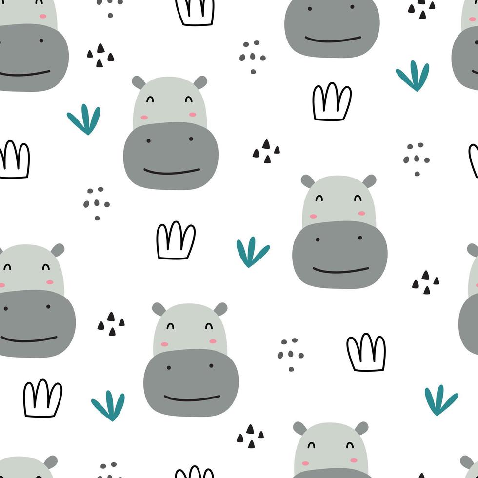 Seamless pattern animal cartoon background There's a hippo's face and a clump of grass. Hand-drawn in children's style use for prints, wallpapers, decorations, textiles, vector illustrations.