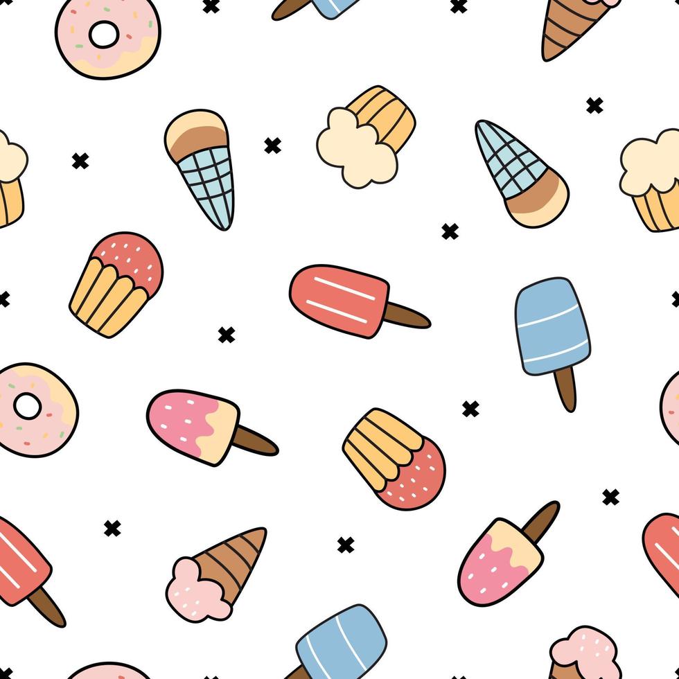 Ice cream background seamless vector pattern hand drew the design in cartoon style Use for prints, decorative wallpaper, textiles, fabrics, vector illustrations.