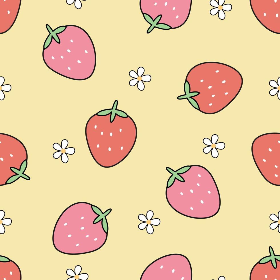 Strawberry seamless pattern Hand drawn fruit background in cartoon style used for print, wallpaper, textile vector illustration