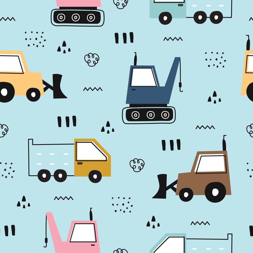 construction machinery seamless vector pattern with tractor on blue background hand drawn design in cartoon style Used for printing, wallpaper, fabric, fashion, textile.