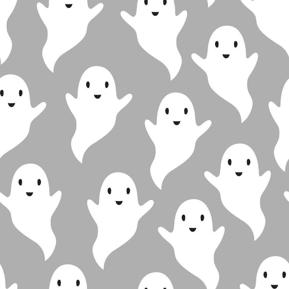 Fondo de patrón de fantasma de dibujos animados de Halloween Diseño transparente de vector de tarjeta de felicitación de Halloween de fantasmas blancos sobre fondo gris. utilizado para la impresión, papel tapiz, decoración, fiesta