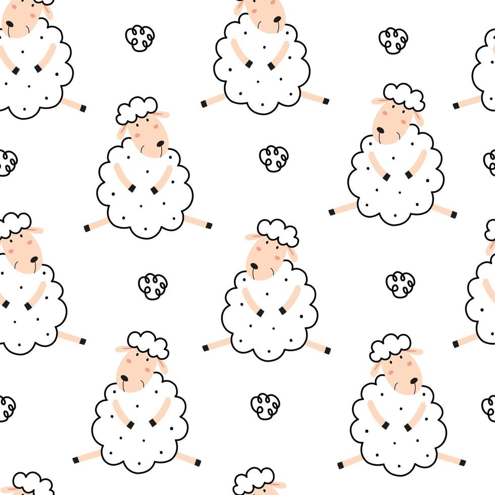 Cartoon animal background for kids sheep seamless pattern Hand drawn design in children's style. Use for prints, wallpaper, decorations, textiles, vector illustrations.