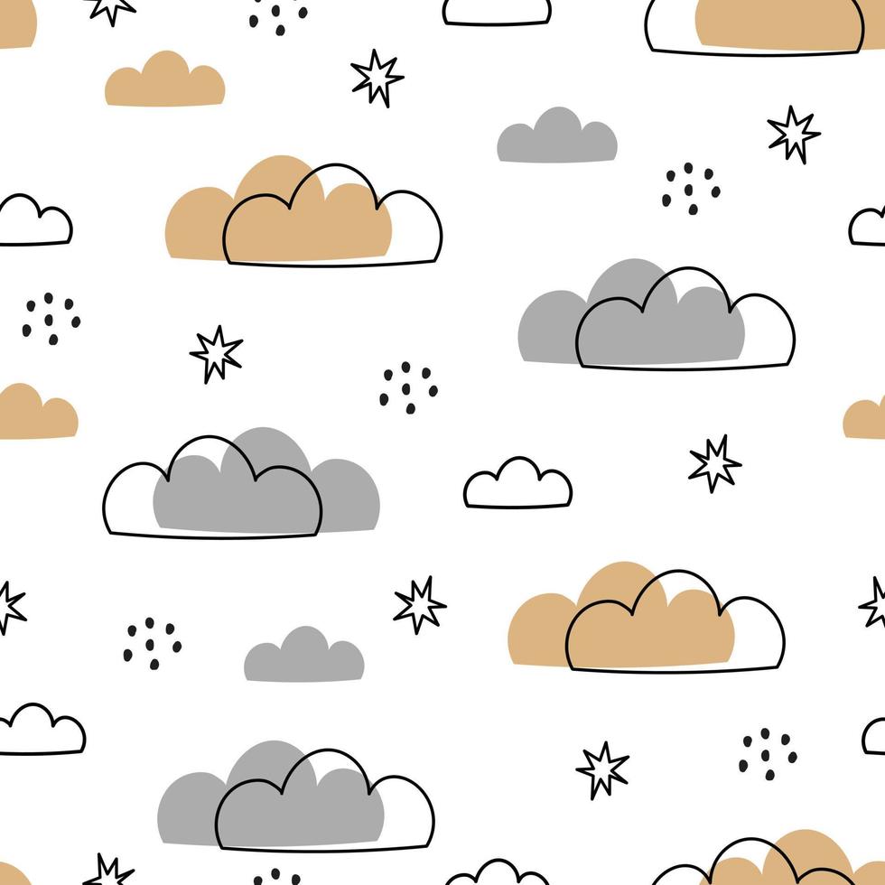 Cute seamless pattern for kids sky background with clouds Cartoon hand drawn design. Use for printing, wallpaper, gift wrapping, textiles, vector illustrations.