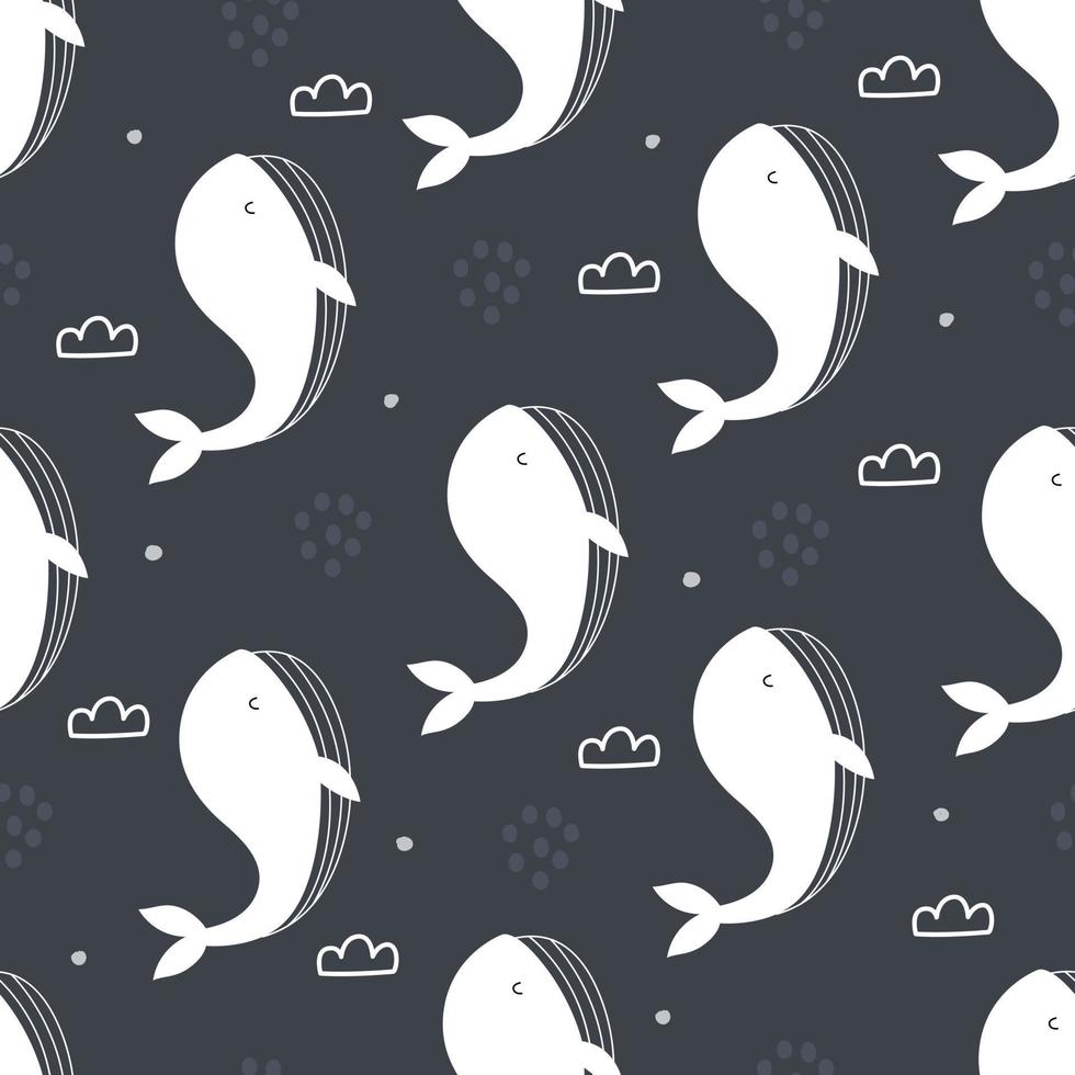 Patrón sin fisuras de ballena azul para niños diseño dibujado a mano de fondo de animales marinos en estilo de dibujos animados. utilizado para textiles, estilos de ropa, estampados, fondos de pantalla, ilustraciones vectoriales vector