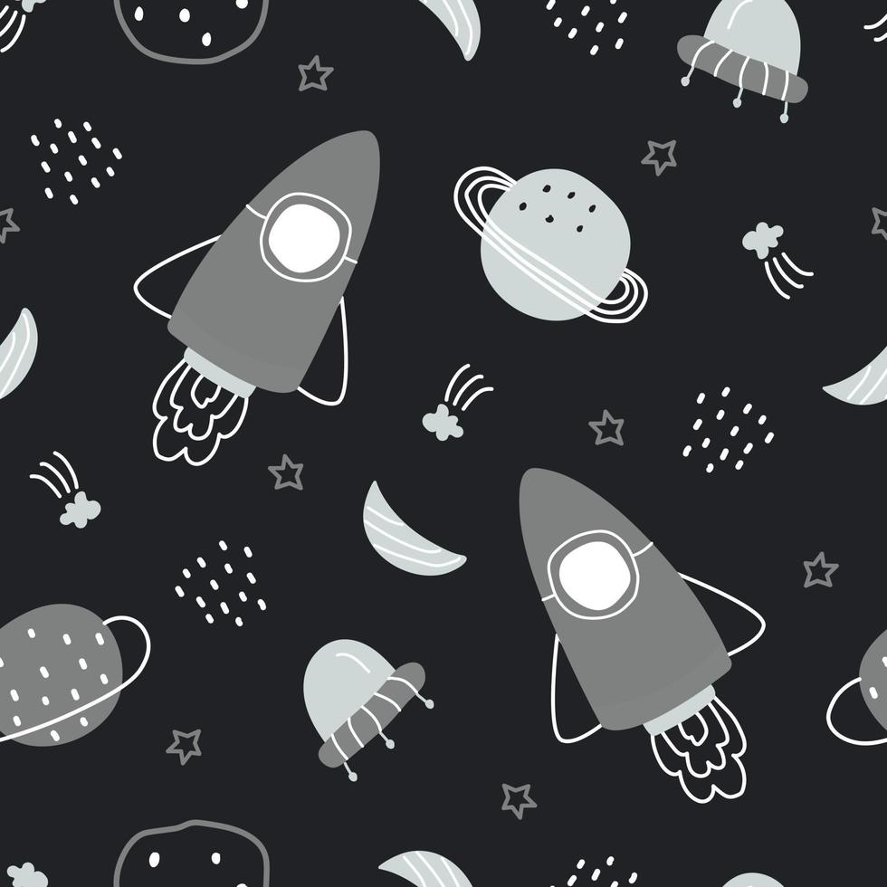 Fondo espacial con estrellas y cohetes patrón de vector transparente dibujado a mano en estilo de dibujos animados utilizado para impresión, papel tapiz, tela, decoración, ilustración vectorial textil