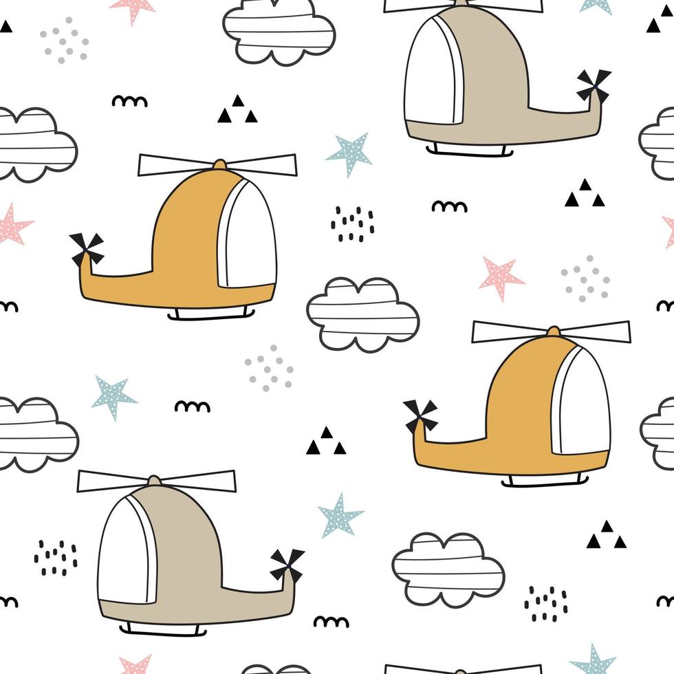 Seamless pattern The background of the helicopter floating in the sky and with clouds Cute pattern for children Use in publication, wrapping paper, wallpaper, textile, fabric Vector illustration