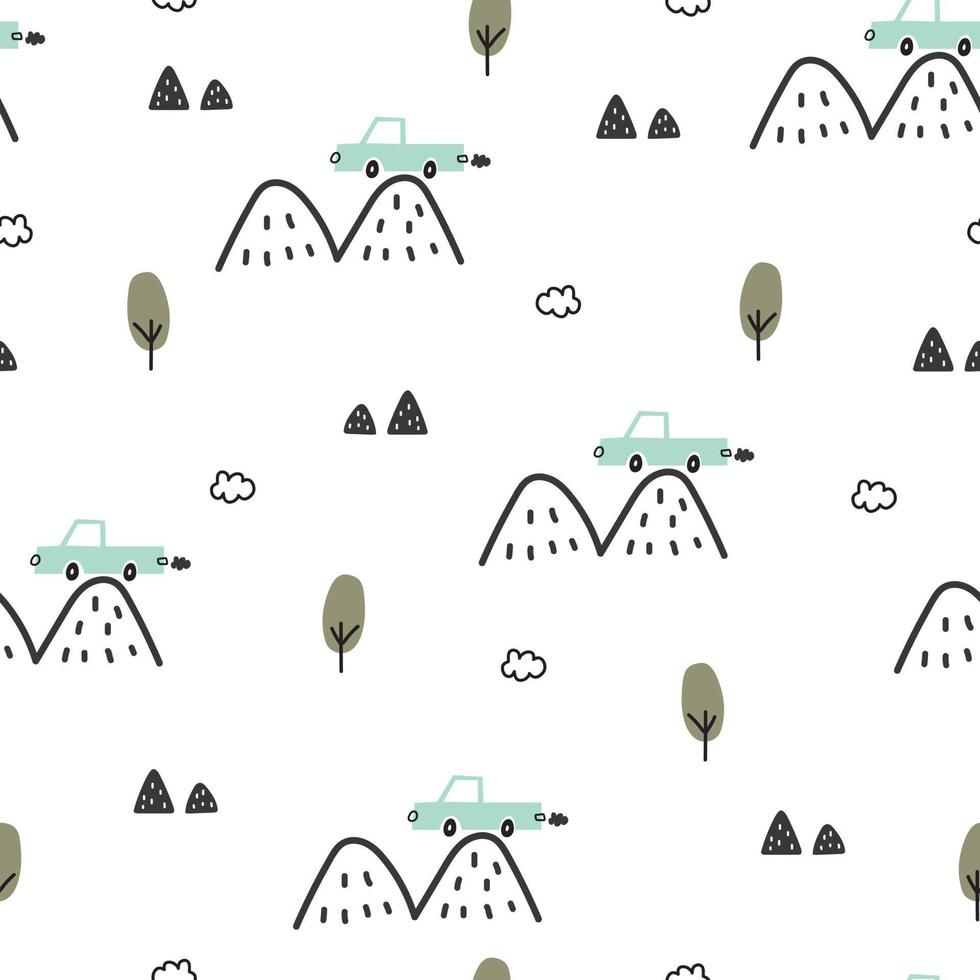 Transportation vehicle background for children. vector seamless pattern with vintage cars with mountains hand drawn design in cartoon style Used for prints, decorative wallpaper, fabrics, textiles.