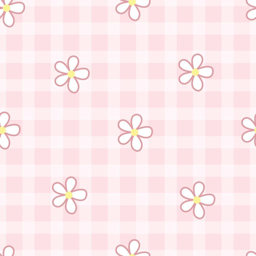 plaid pattern with flowers pink and white seamless vector pattern Designs for prints, wallpaper, textiles, tablecloths, checkered backgrounds.