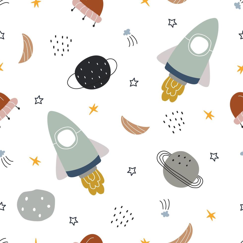 Space background illustration with rockets and stars Hand-drawn seamless vector pattern in cartoon style. Use for print, wallpaper, decoration, garment-textile.