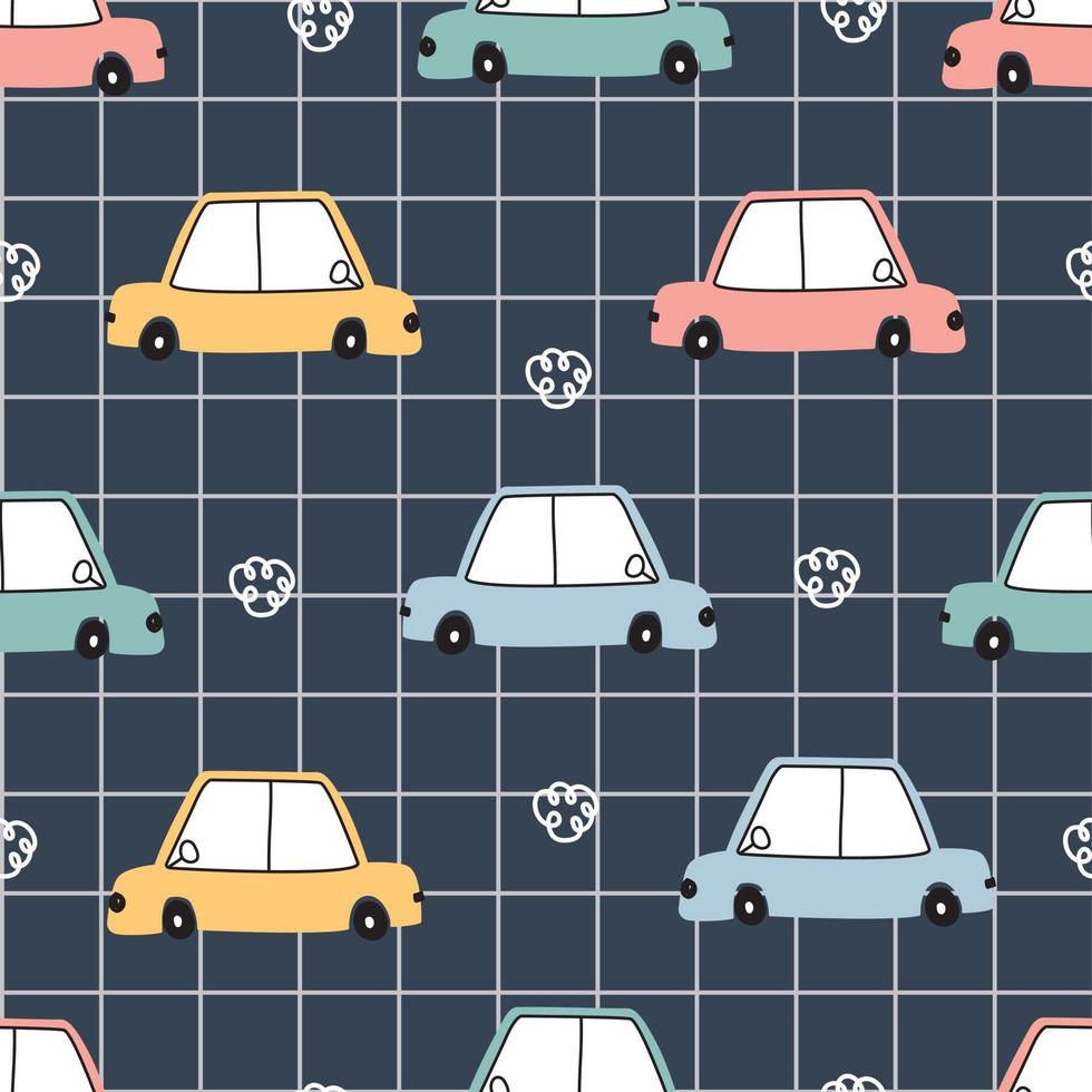 Vehicle background Seamless vector pattern with colorful vintage cars and square grids. hand drawn design in cartoon style use for prints, textiles, fabrics, wallpapers, vector illustration