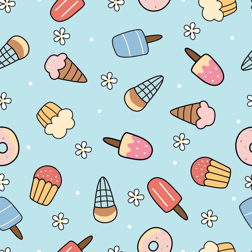 Ice cream background seamless vector pattern hand drew the design in cartoon style Use for prints, decorative wallpaper, textiles, fabrics, vector illustrations.