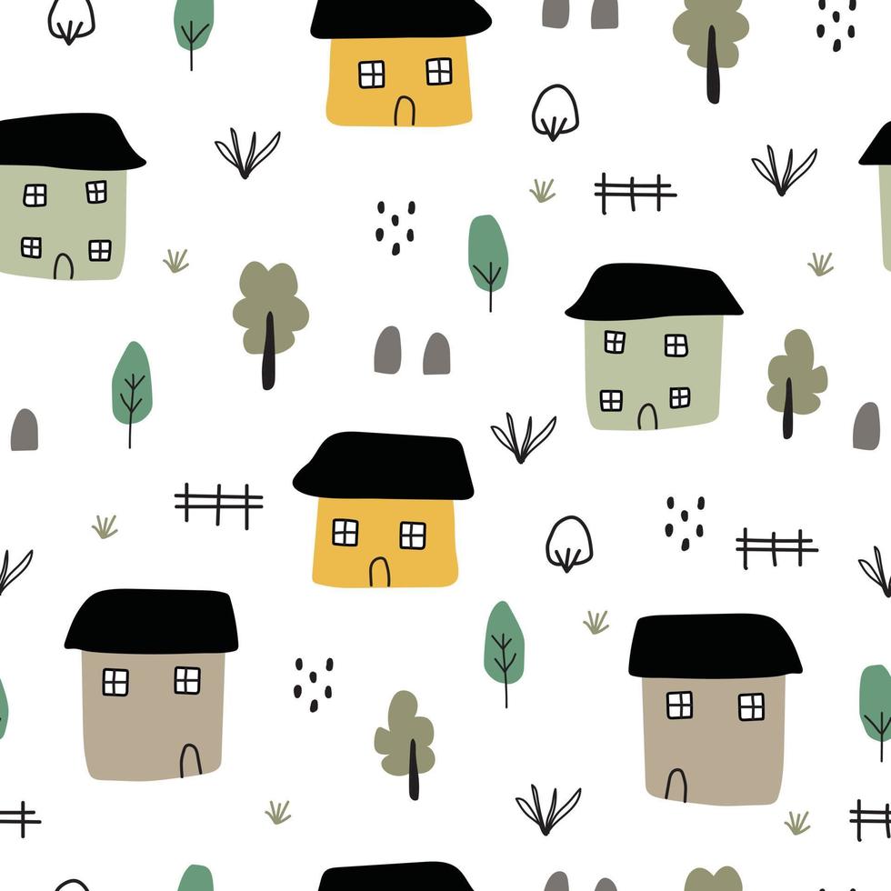 Patrón sin fisuras de fondo de pueblo rural con casas y árboles diseño dibujado a mano en estilo de dibujos animados creativo para telas, envoltura, textiles, papel tapiz, ropa. ilustración vectorial vector