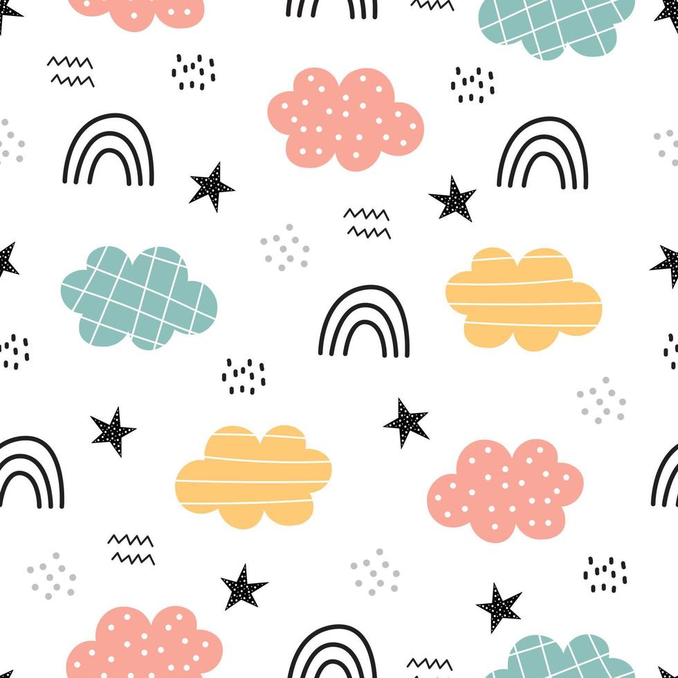 Cute seamless pattern for kids sky background with rainbow and clouds Cartoon hand drawn design. Use for printing, wallpaper, gift wrapping, textiles, vector illustrations.