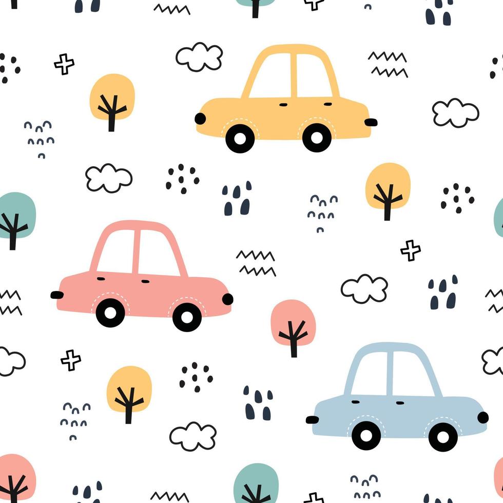 Fondo de transporte de dibujos animados para niños coches de patrón de  vector transparente con árboles