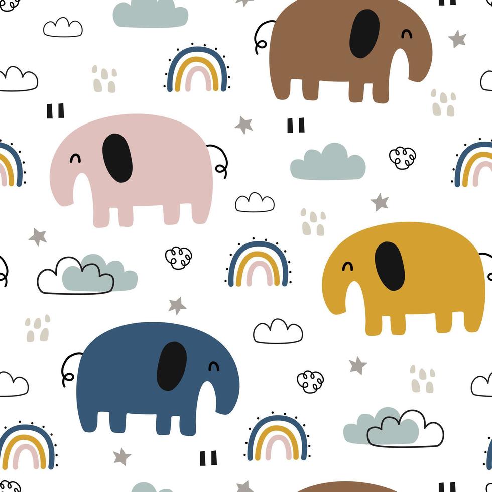 pequeño elefante de patrones sin fisuras con cielo nublado y arco iris. Fondos de dibujos animados de animales lindos para impresión, fondos de pantalla, ropa, textiles, ilustraciones vectoriales. vector